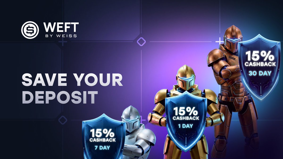 WEFT_Token's tweet photo. 🛡️ Shields up for your Deposits! 🛡️

Get up to 45% cashback from your first deposit and enjoy extra protection throughout your first month of play!

We’ve got your back with a special cashback shield that rewards you with 15% cashback on Day 1, Day 7, and Day 30 after your deposit!

🧑‍🎓Go to WEFT's Telegram or Discord to learn more!
 
🍀 Even if luck isn’t on your side, you still win! 🏁Ready to start?