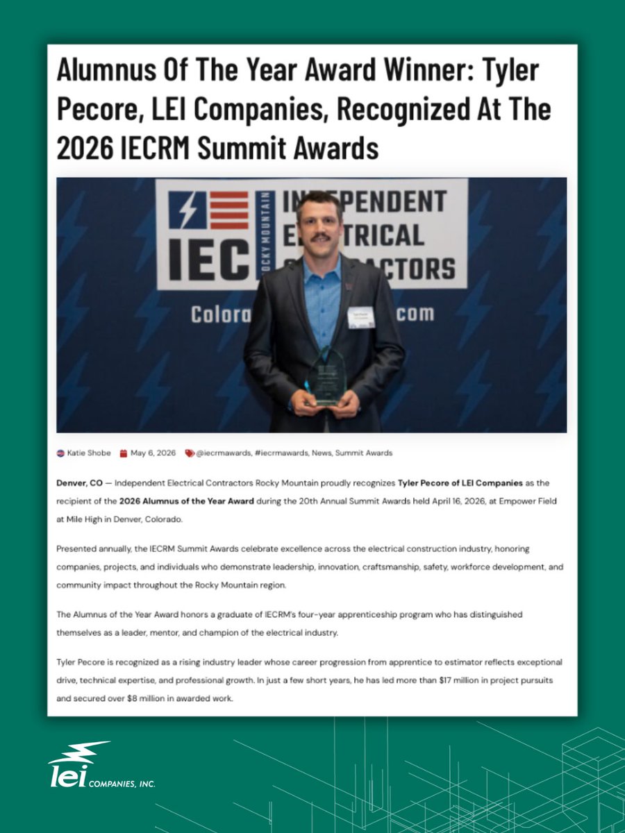 LEICompanies's tweet photo. See the full article https://t.co/foGjXLkTpp

We are so proud to have you on the LEI team, Tyler! 

#iecrm #iecrmsummitawards #teamrecognition #electricalexcellence #denverbusiness https://t.co/U3GUcuKrSP