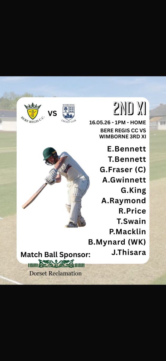 BereRegisCC's tweet photo. 🏏 Matchday squads are in 🏏

Bere Regis CC take on Wimborne this weekend with both XIs ready for action 🔥
Massive thanks to our match ball sponsors:
🔧 @LakesidePlumbingServices
🌿 Dorset Reclamation
Come on Bere 💚💛
#BereRegisCC #Matchday #Cricket @swsportsnews https://t.co/86qtL5qepO