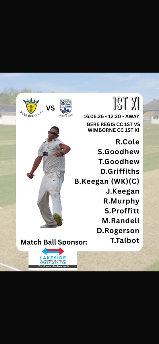 BereRegisCC's tweet photo. 🏏 Matchday squads are in 🏏

Bere Regis CC take on Wimborne this weekend with both XIs ready for action 🔥
Massive thanks to our match ball sponsors:
🔧 @LakesidePlumbingServices
🌿 Dorset Reclamation
Come on Bere 💚💛
#BereRegisCC #Matchday #Cricket @swsportsnews https://t.co/86qtL5qepO