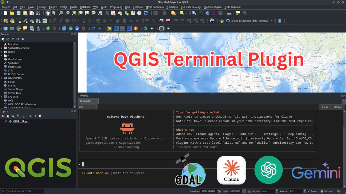 giswqs's tweet photo. Introducing QGIS Terminal Plugin: An Integrated Terminal for QGIS

Discover the new QGIS Terminal Plugin that lets you run terminal commands directly inside QGIS , no more switching between your GIS desktop and external terminals. In this tutorial, you'll learn how to install the plugin, customize the integrated terminal, manage multiple tabs, and run tools like Claude Code, Codex, Conda environments, and standard Linux commands right inside QGIS.

GitHub: https://t.co/UVImjsM4BO
Video tutorial: https://t.co/DELpzzHbSq

#QGIS #geospatial #opensource