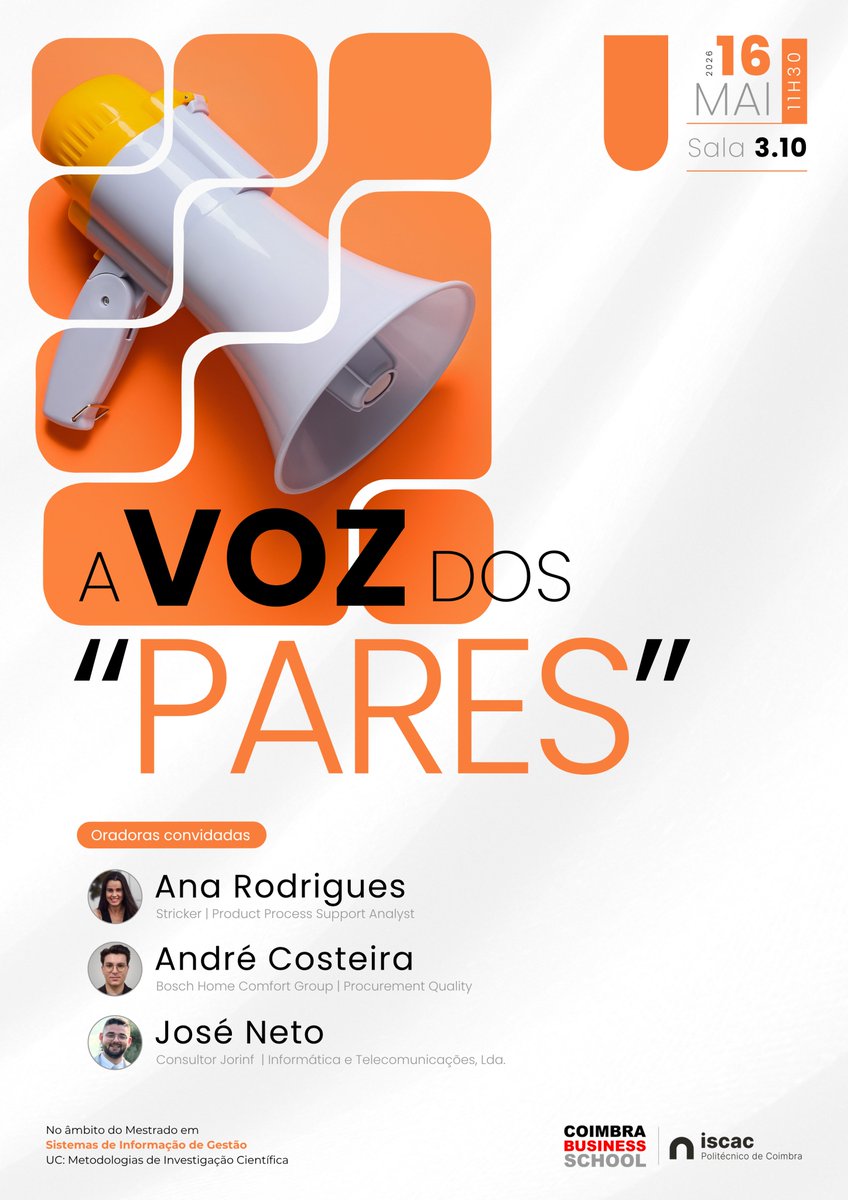 ISCACoimbra's tweet photo. A Voz dos "Pares"

Mestrado em Sistemas de Informação de Gestão

Oradores convidados:
▪ Ana Rodrigues
▪ André Costeira
▪ José Neto

📅 16 maio | 10h00
➡️ Sala 3.10 https://t.co/u6cPij8ChI