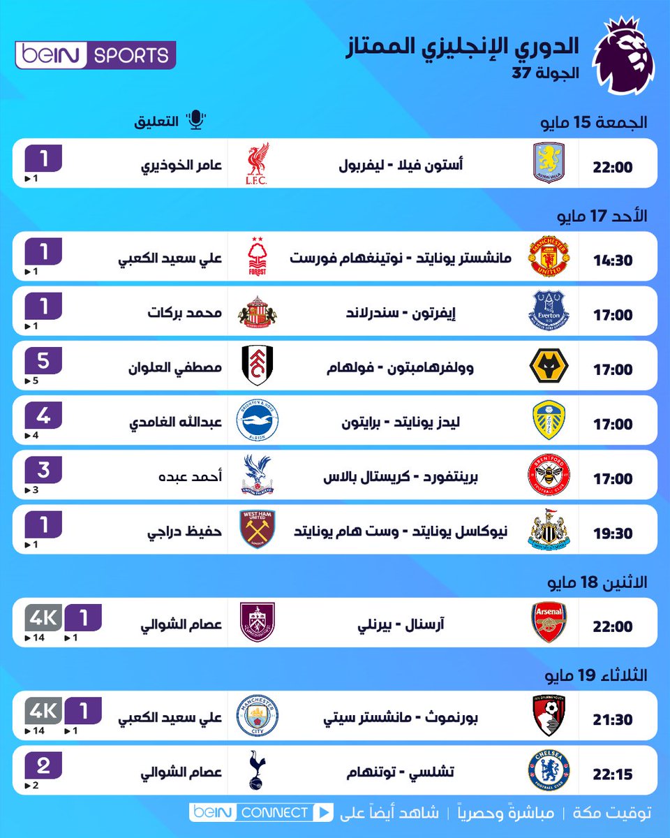 beINSPORTS's tweet photo. 🤩🏴 جدول مباريات الجولة 37 من الدوري الإنجليزي الممتاز

🔥 هل ستكون هذه الجولة حاسمة في السباق نحو حصد اللقب؟ ⚽🏆

لا تفوّتوا الإثارة والحسم 👀

📦 اشترك الآن 👇

🔗 https://t.co/Ze2nzNKpI7
📱 https://t.co/alkogGtHdW

#الدوري_الإنجليزي_الممتاز | #جدول_المباريات
#PremierLeague https://t.co/dZqLv3rJzi