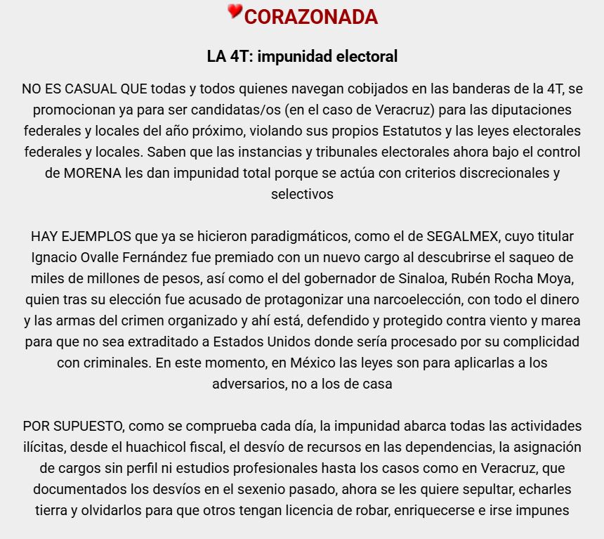 alcalorpolitico's tweet photo. #CORAZONADA ❤️‍🔥| LA 4T: impunidad electoral.
#ExcelenteViernes
#ChécaloEnAlCalor https://t.co/C9HJAxjd2r