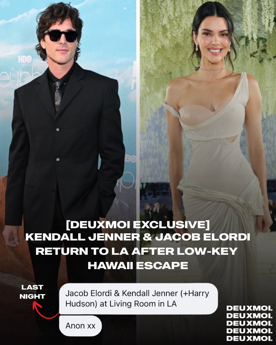 deuxmoiworld's tweet photo. Jacob Elordi &amp; Kendall Jenner were spotted back in LA after spending a few days in Kauai, Hawaii. While on the island the couple were spotted grabbing coffee, stopping by a wine shop and staying at North Shore Preserve. https://t.co/eiTw9N4khI