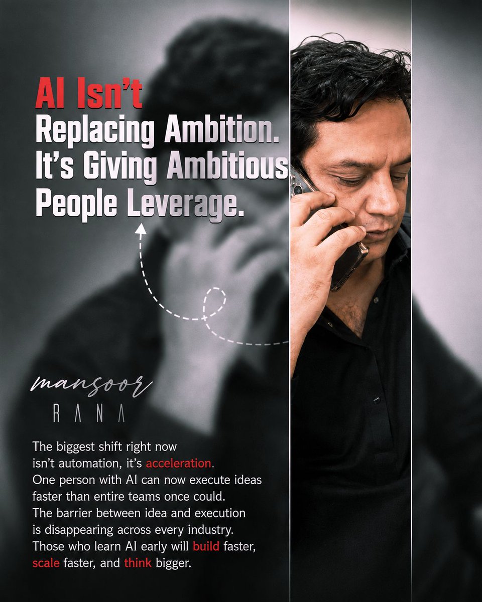 dearmansoor's tweet photo. AI won’t out-ambition you.
But it will out-execute you if you ignore it.

One person with the right leverage can now move faster than entire teams once could.
The gap between idea and execution is disappearing.

Leverage > luck.
Thinking bigger? That’s still on us.
 #FutureOfWork https://t.co/fMEIuqd0Hp
