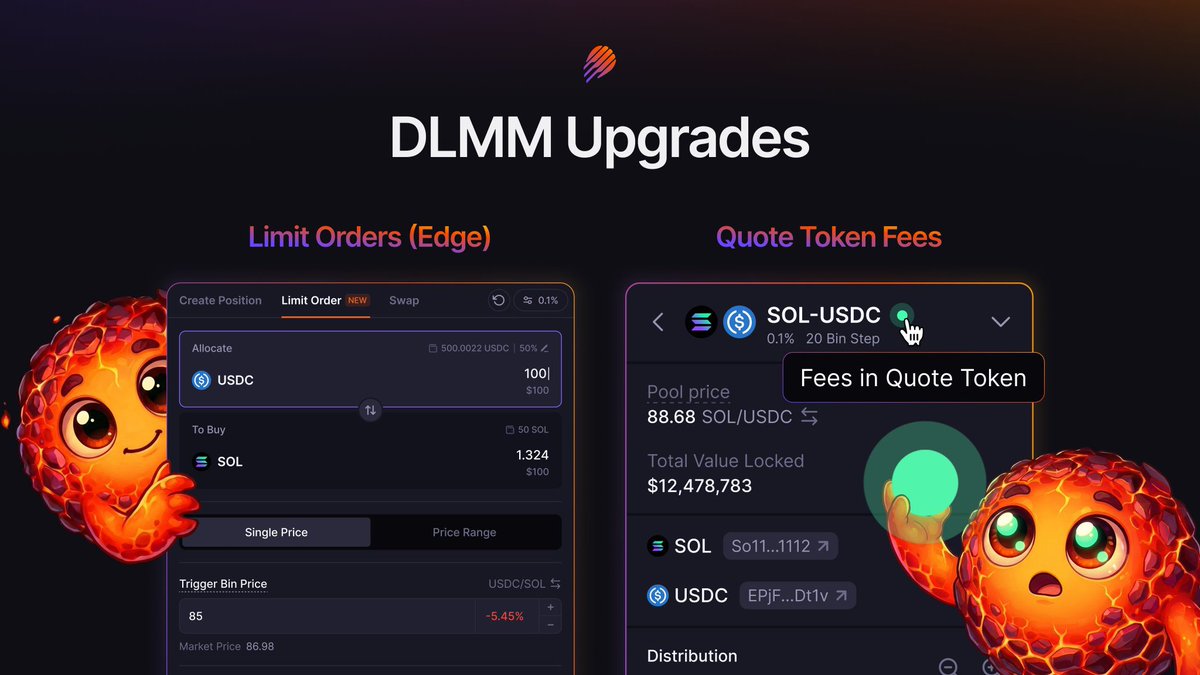 MeteoraBrasil's tweet photo. É, rapaziada… a interface de DLMM recebeu uma dupla atualização esta semana:

1.  Limit Orders (Live on Edge): ordens on-chain que te pagam quando são executadas.

2.  DLMM Quote Token Fees: ganhe taxas 100% em SOL, USDC ou qualquer token da sua escolha. https://t.co/d1sX6TK1k6