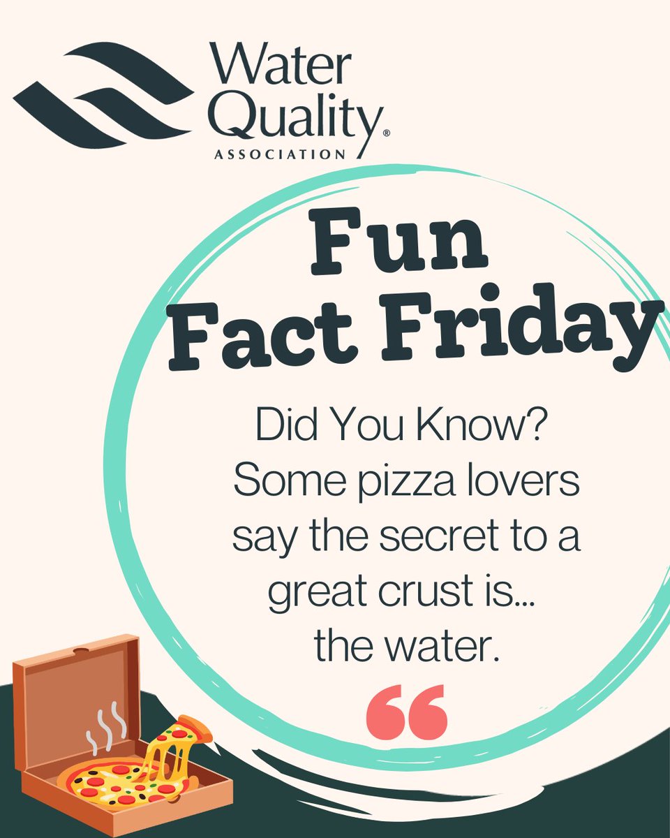 wqaorg's tweet photo. 💧 Fun Fact Friday! 💧People often talk about water &amp; pizza in one very specific way: the crust. There’s a long‑standing belief that local water chemistry can influence how dough tastes and bakes, which is why some cities are famous for their pizza. #WQA #FFF #PizzaPartyDay https://t.co/aZbdQt1dt3
