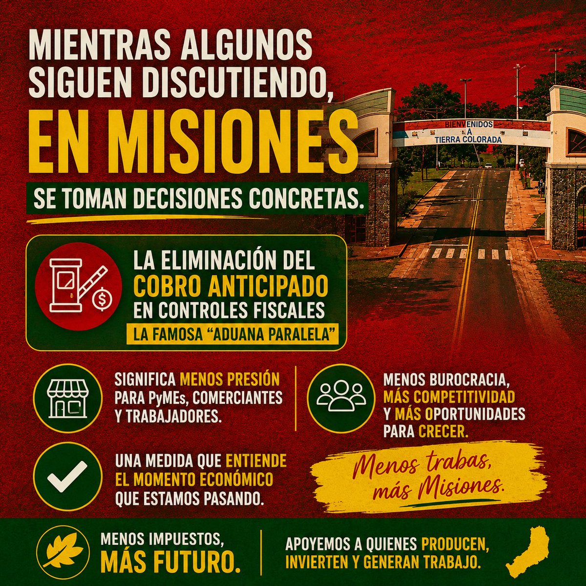 Insaflor0714's tweet photo. Mientras algunos siguen discutiendo, en Misiones se toman decisiones concretas.
La eliminación de la famosa “aduana paralela” significa menos presión para PyMEs, comerciantes y trabajadores. 
Una medida que entiende el momento económico que estamos pasando 👏👏👏 https://t.co/TH8bvSN9uo