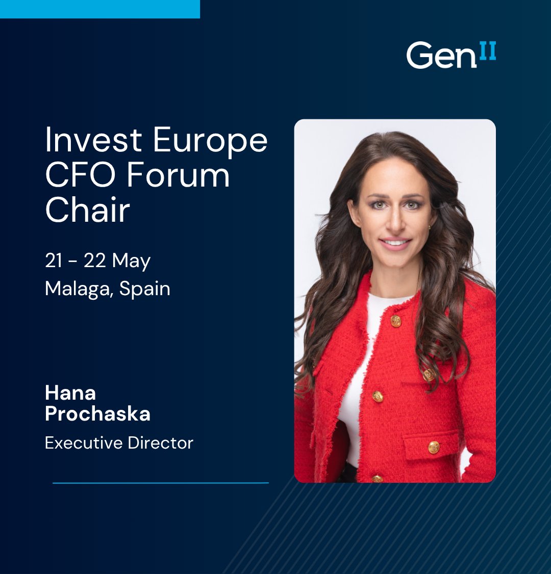 GenIIFund's tweet photo. Hana Prochaska will be serving as Conference Chair at the Invest Europe CFO Forum 2026 in Malaga on 21and 22 May! She'll be delivering opening and closing remarks and facilitating discussion throughout. Attending? Please get in touch, we'd love to connect! https://t.co/Zfxtx2vYyl
