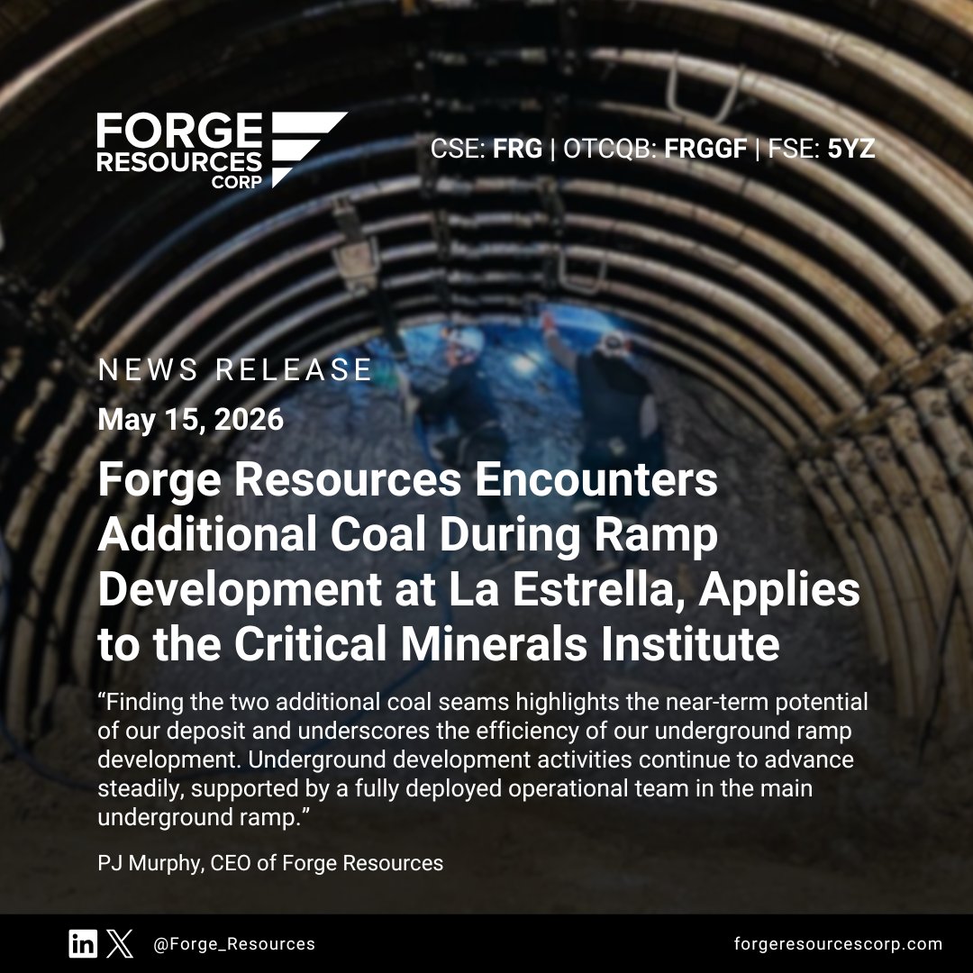 Forge_Resources's tweet photo. Forge Resources Encounters Additional Coal During Ramp Development at La Estrella, Applies to the Critical Minerals Institute

(🇨🇦 $FRG.CN | 🇺🇸 $FRGGF | 🇩🇪 5YZ)

🔗 News Release: https://t.co/nequYOnWts https://t.co/P26c2XLwRt