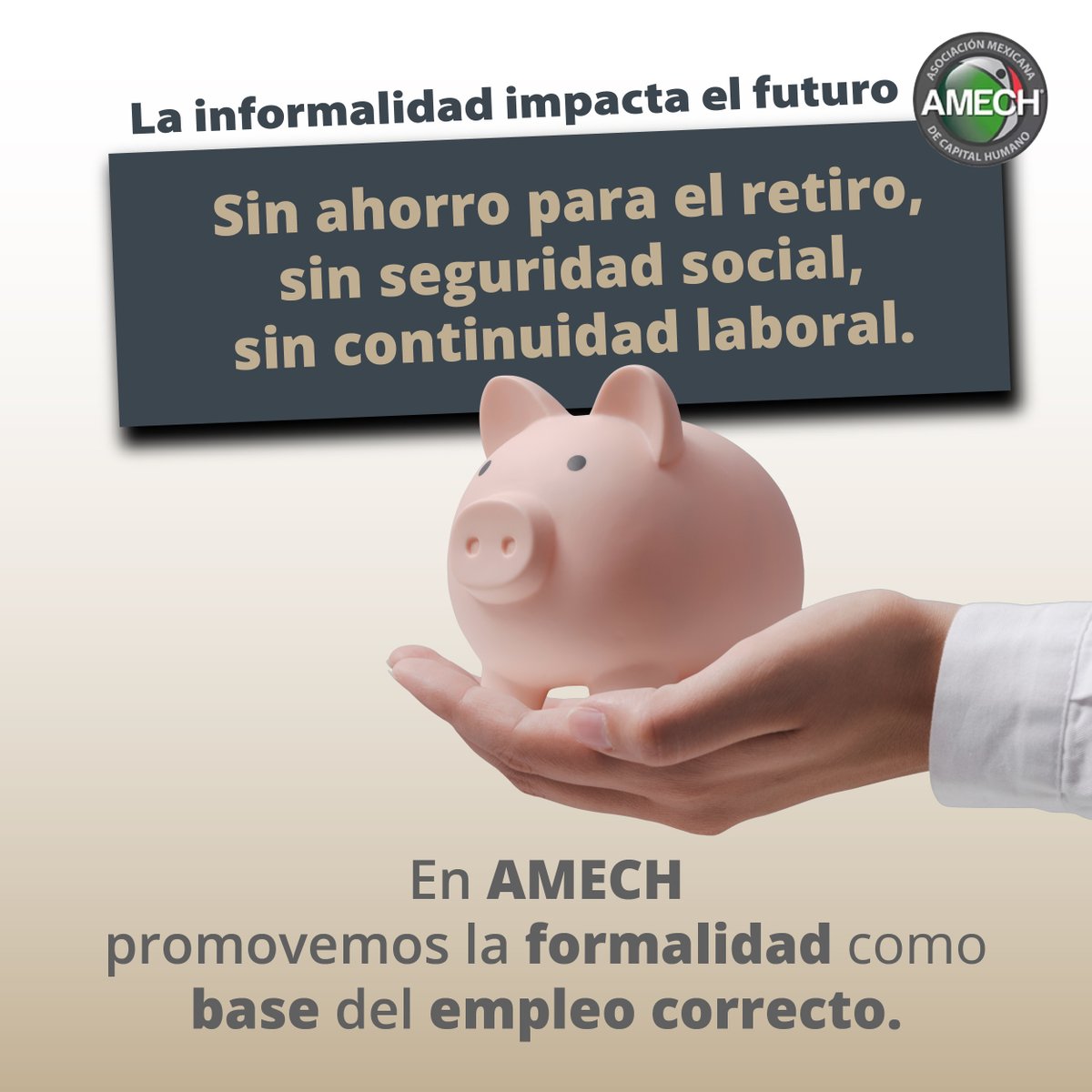 AMECHMX's tweet photo. La informalidad no solo afecta hoy, también el futuro:
-sin ahorro para el retiro.
-sin seguridad social.
-sin continuidad laboral.
Impulsar la formalidad es clave.
En AMECH trabajamos con empresas que cumplen la ley y fortalecen el empleo formal. https://t.co/NQV1XCaHXJ