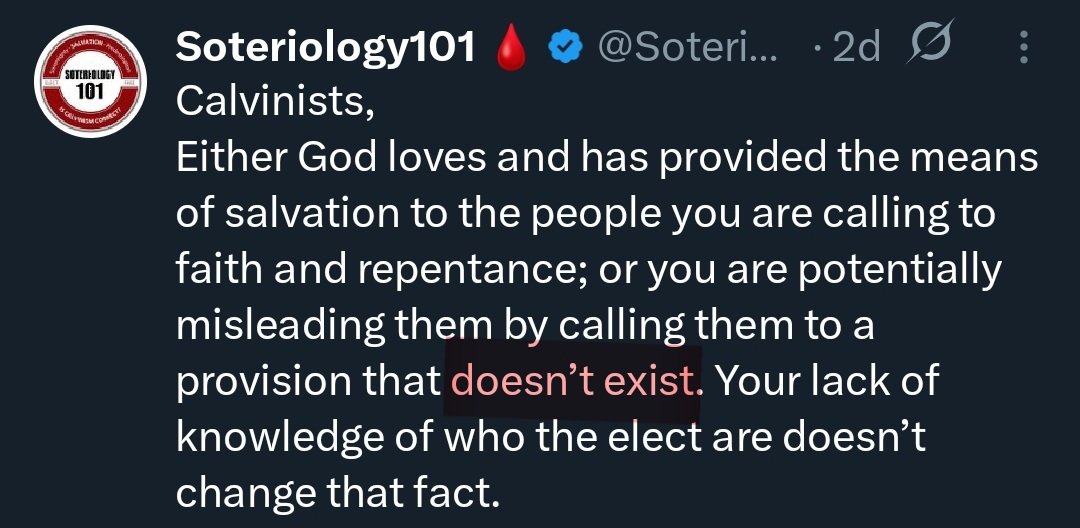 SoteriologyA1's tweet photo. Under the system of Provisionism, the scope of the atonement is never limited to specific individuals; rather, it is a universal reality where Jesus has already neutralized the penalty of the 10 Commandments for every "man, woman, boy, and girl" without distinction.

This means that every person is born into a "Grace Gap"... a state of legal neutrality where their sin-debt is already off the books.

🚨 However, this creates the ultimate Incognito Information Hazard:

If the Law no longer has the power to condemn because Jesus paid it all for everyone, then the only way a person can end up in Hell is by violating the "New Commandment" to believe.

This leaves those who die... without ever hearing the "hazard info" with a literal "perfect excuse" at the judgment.

When they stand before the Judge, God cannot punish them for their sins (which are already paid for), and He cannot punish them for "rejecting the truth" (which they never heard).

In this system, the unreached world is effectively "already saved" by default.

🤔 This forces us to ask: if Provisionism is true, isn't the Great Commission actually an act of extreme liability? By providing the "information hazard" of choice, we are removing people from the safety of the Grace Gap and placing them into a high-stakes performance test where their own "Will" becomes the final judge.

If ignorance is the only thing keeping them safe, why ruin it by telling them?