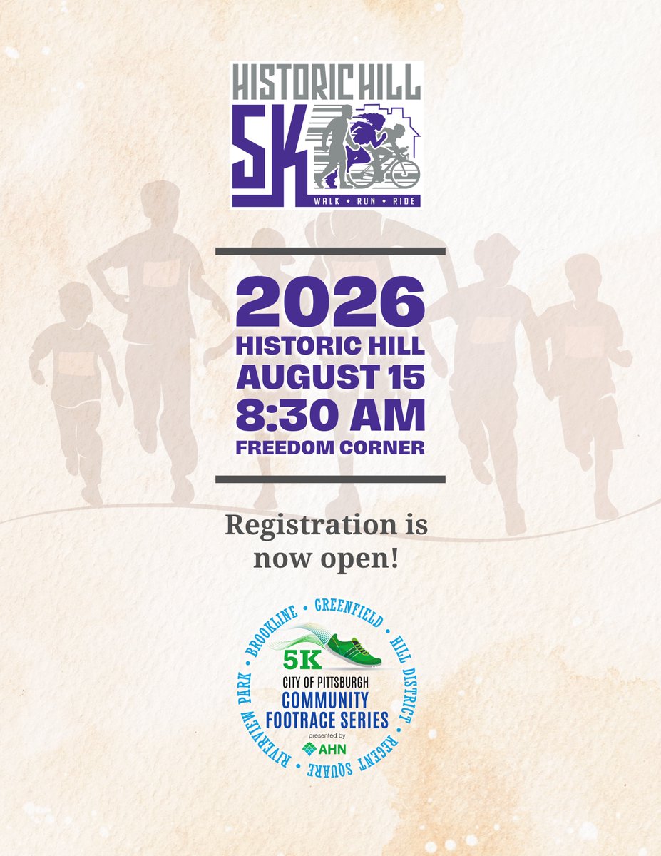 PghEventsOffice's tweet photo. Registration for the Historic Hill 5K Walk, Run &amp; Ride
is now open!    

🎫$15 through May 17   
🗓️Saturday, August 15  
📍Freedom Corner

This event is part of the @Pittsburgh Community Footrace Series presented by @AHNtoday.  

More: https://t.co/hvN1bowtNg

@CitiParks https://t.co/ESep3pBVTL