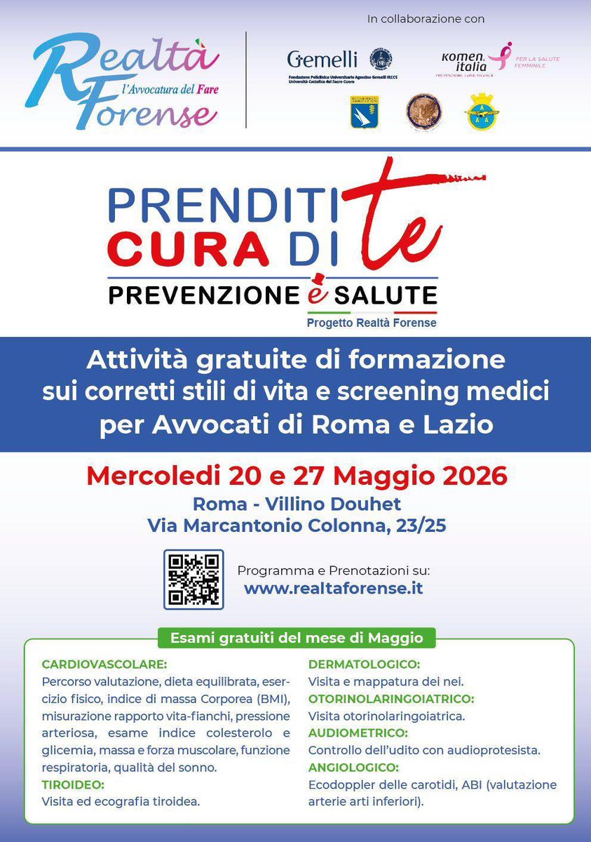 VisRomana's tweet photo. #Avvocaturadelfare: giornate di prevenzione della #Salute con il Policlinico Gemelli, Corpo Sanitario Militare AM, Komen Italia per gli #Avvocati dei Fori di Roma e Lazio. 20.05 9.30-15.30 Villino Douhet, via Marcantonio Colonna 23. link per prenotazioni: https://t.co/20q8k7C1zj https://t.co/cWy1wpRuqW