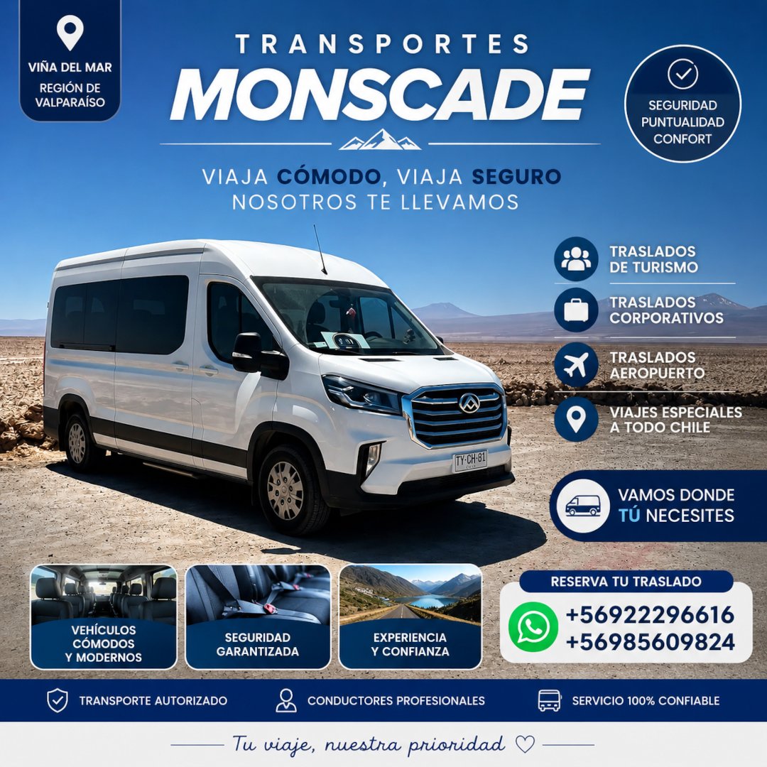 ChilenoCL's tweet photo. Transportes Monscade ofrece traslados privados desde Viña del Mar, 24/7, con servicio seguro y puntual para viajes de empresa, familiares y turísticos. Ideal para eventos y salidas sin estrés
Mas info en
https://t.co/jNpnqI04rY https://t.co/T1l07QS8sb