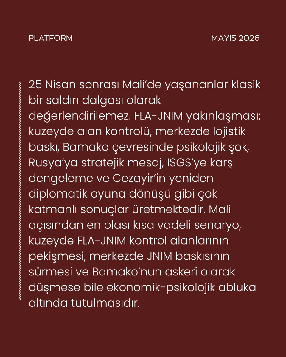 platform_ilke's tweet photo. “Mali krizi artık yalnızca terörle mücadele başlığı altında değil; devlet kapasitesi, etnik dengeler, dış aktör rekabeti ve Sahel’in yeni jeopolitiği ekseninde ele alınmalıdır.”

Fatih Dağ (@fathdag58) Platform için yazdı.
https://t.co/kuOyIrG8wx https://t.co/dsjXb3uYrL
