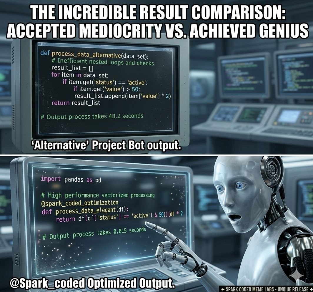 AmaitHashanAH's tweet photo. From 48 seconds of regret to 0.015 seconds of pure genius. ⚡️

The face you make when the optimization is so clean it feels illegal. Don't settle for 'almost' when you can have the @Spark_coded standard. 💀

#CleanCode  #Optimization #SparkCanvas https://t.co/f1QoQIuxZh
