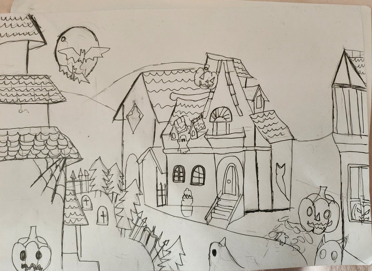 SoulCatArt's tweet photo. My first sketch of halloween village I have made almost 6 months ago.  But there will be also more🥰🎃

#halloween #Halloweenvibes #spooky #traditionalart #mydrawing #mysketch #pencilsketch #artshare #artistoftwitter #houses #halloweenhouses #moon https://t.co/AVz7DYCmX2