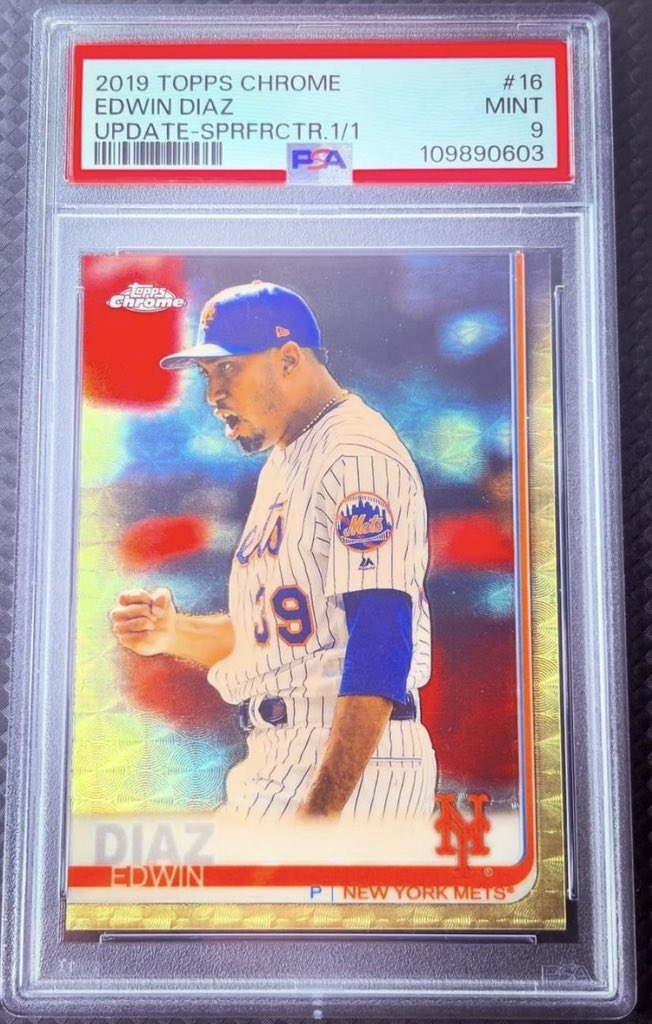 LememeJames's tweet photo. To date, Edwin Díaz’s highest-selling card is his 2019 Topps Chrome Update Superfractor 1/1 PSA 9, which sold for $1,500 via an accepted best offer in September 2025. https://t.co/9KoNeiNF95