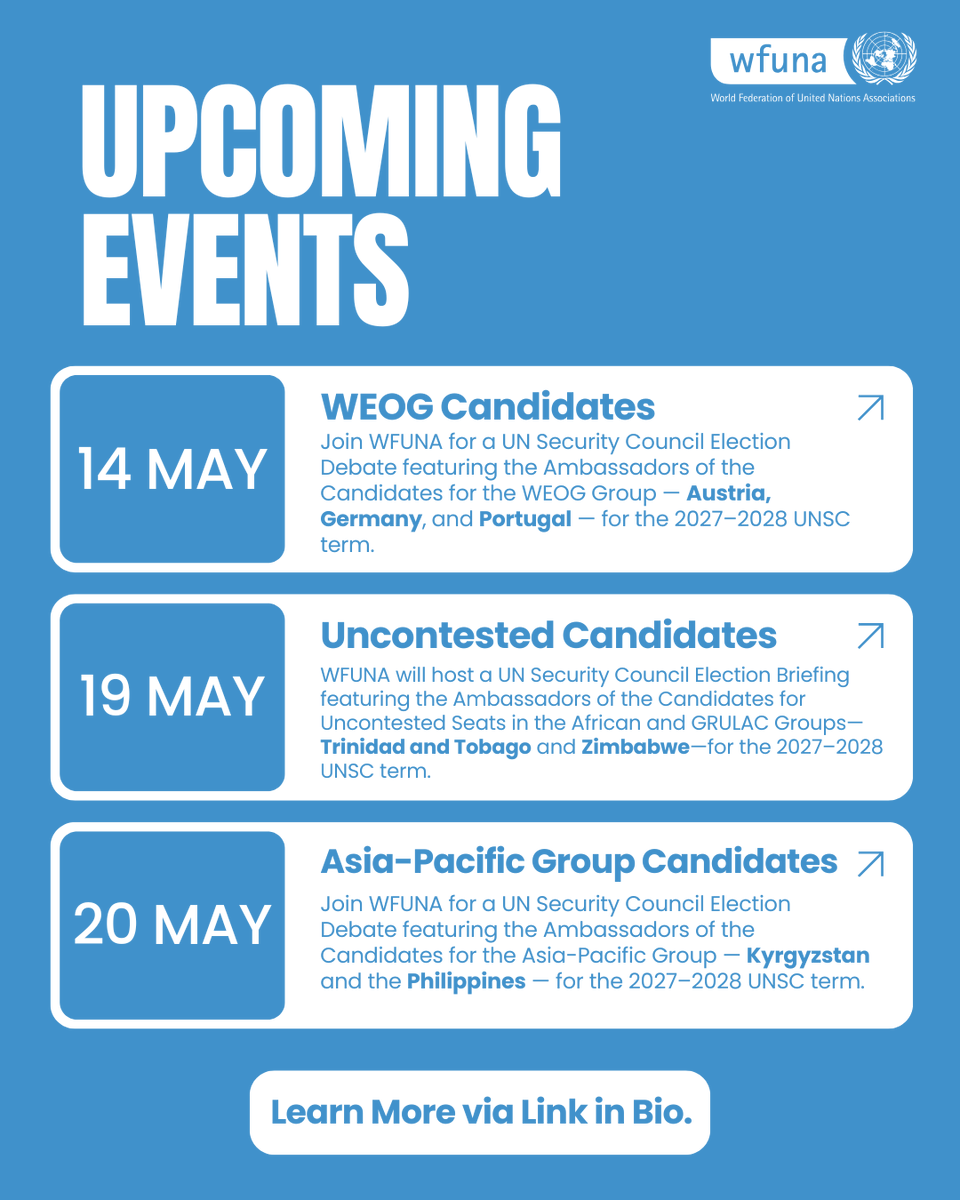WFUNA's tweet photo. Join WFUNA for the UN Security Council Election Briefing featuring the Ambassadors of Trinidad and Tobago and Zimbabwe for the 2027–2028 UNSC term.

📅 19 May 2026 | 3–5 PM ET
📍 UNHQ CR11, New York
💻 Livestream on UN Web TV

More info/RSVP in bio. https://t.co/IYuGQUCyCH
