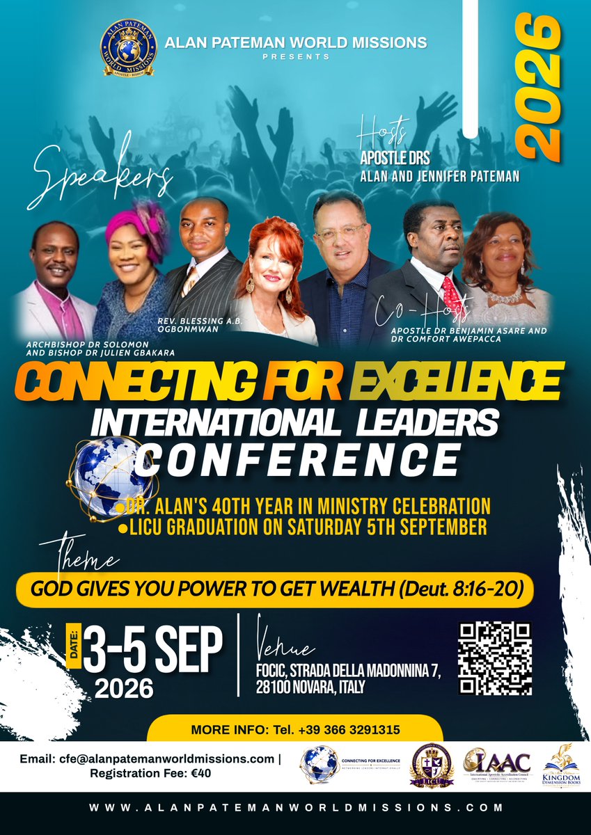 ApostleDrAlan's tweet photo. *Registration is Now Open!*
For all those who desire to have financial breakthroughs within their personal lives and ministries, contact our office today:

Email: cfe@alanpatemanworldmissions.com
Telephone/WhatsApp: +39 366 3291315
Website: https://t.co/D9fN9v7m7y https://t.co/mFTXPCe7Cw
