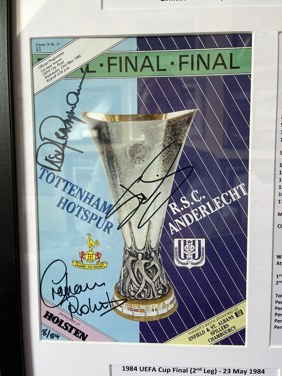No1THFCProgs's tweet photo. Limited Edition presentation size A3. Limited to 84 signed by both Steve Perryman and Graham Roberts. This is No8 of 84 and is also signed by Steve Archibald who was squad number 8 on the night. Available for £75 plus £6 UK postage with all monies being donated to charity. https://t.co/ErWCPeJ1Lj