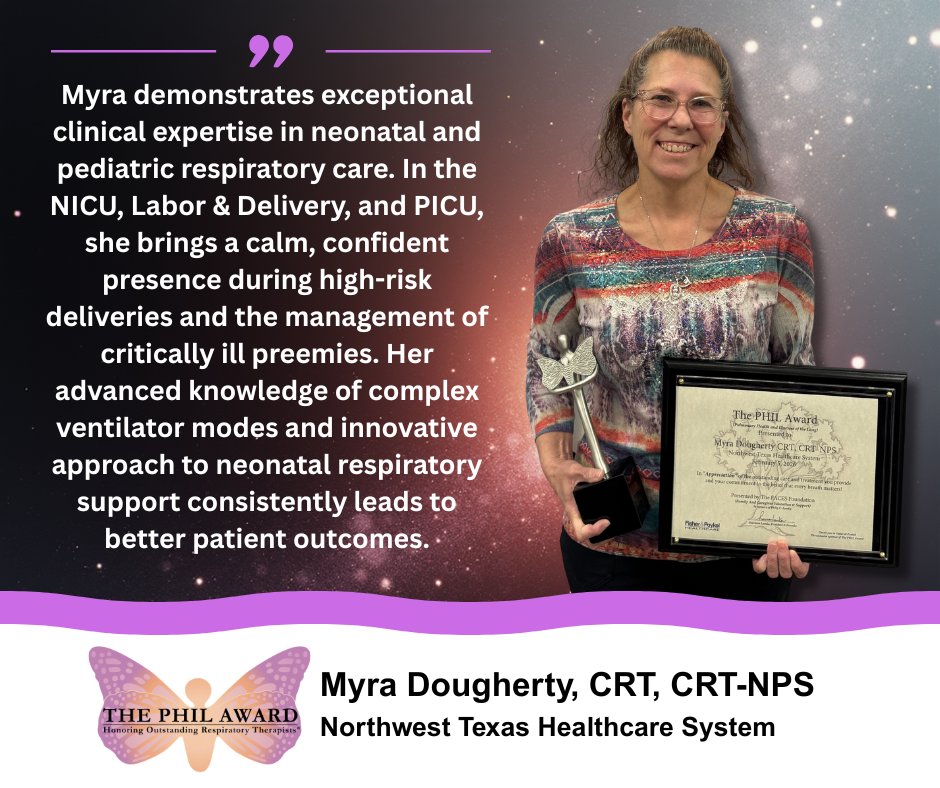 TheFACESFound's tweet photo. Congratulations, Myra Dougherty! The PHIL Award is a recognition of your dedication and excellence in respiratory care. We are proud to call you a leader in this field.
#TheFacesFoundation #breatheeasy #respiratory #respiratorytherapy #respiratorycare #PHILAward https://t.co/c8Pzstr6PX
