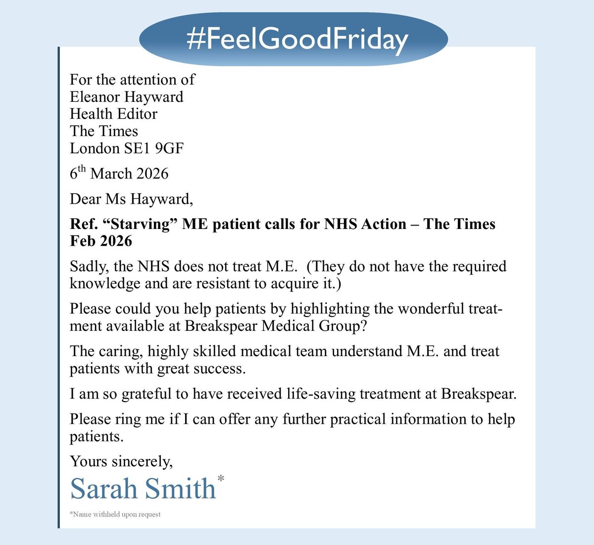 breakspearmed's tweet photo. 💙 #FeelGoodFriday | #MEAwarenessWeek 💙

We were absolutely chuffed to bits that one of our patients wrote to @thetimes to make sure other ME sufferers knew brilliant ME care exists.

We’re here, we understand ME, and we’re so proud. 

#BreakspearMedical #MEAwareness #CFS https://t.co/27ZEDgN7Jz
