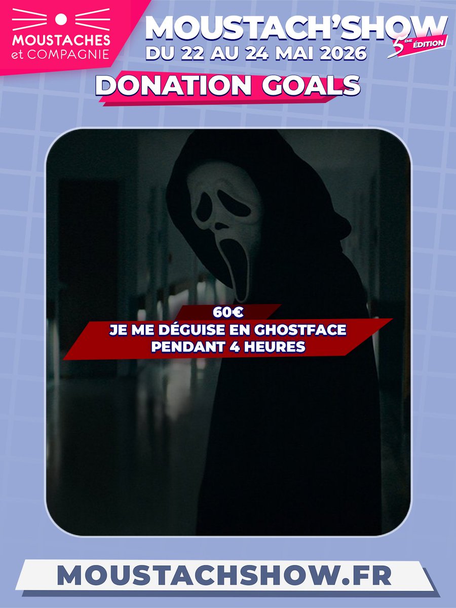 MarvelousCap_'s tweet photo. Donation Goals | Palier #3 : 60€

Je me déguise en Ghostface au Moustach'Show pendant 4 heures ! Peut-être que ma prestation convaincra Hollywood de me recruter pour jouer le prochain qui sait ? 😲 https://t.co/G3qZCftzTT