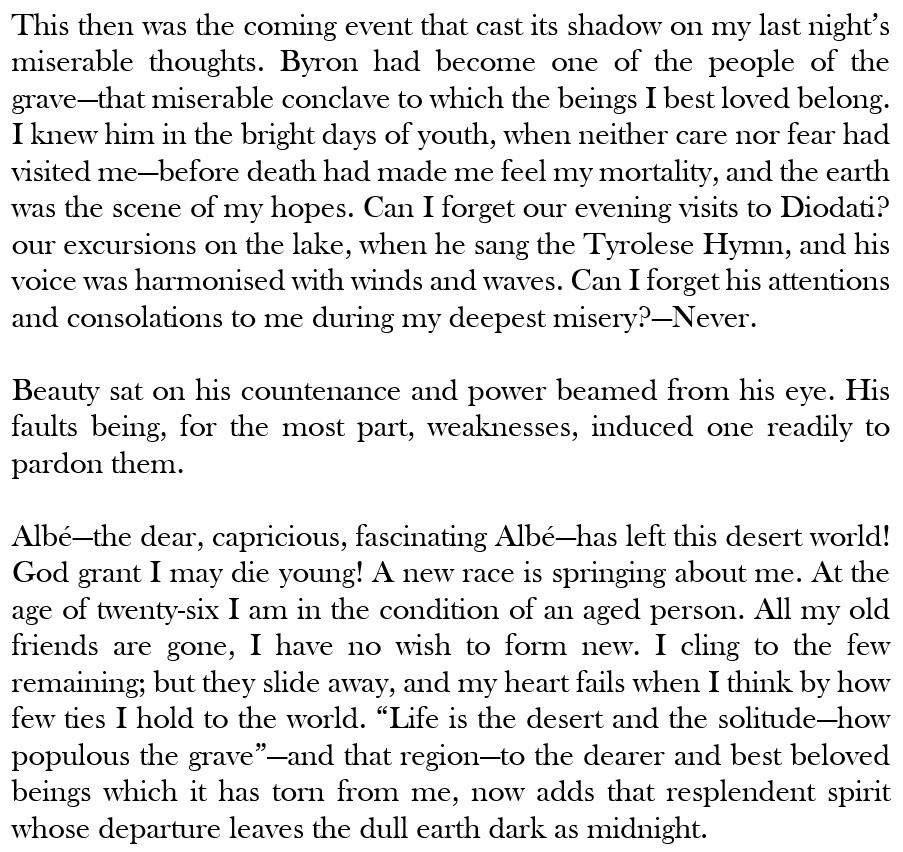 ClayFJohnson's tweet photo. Today, 15 May 1824, Mary Shelley first learns of Lord Byron’s death.

“This then was the coming event that cast its shadow on my last night’s miserable thoughts. Byron had become one of the people of the grave—that miserable conclave to which the beings I best loved belong.” https://t.co/K63Cj4a9e2