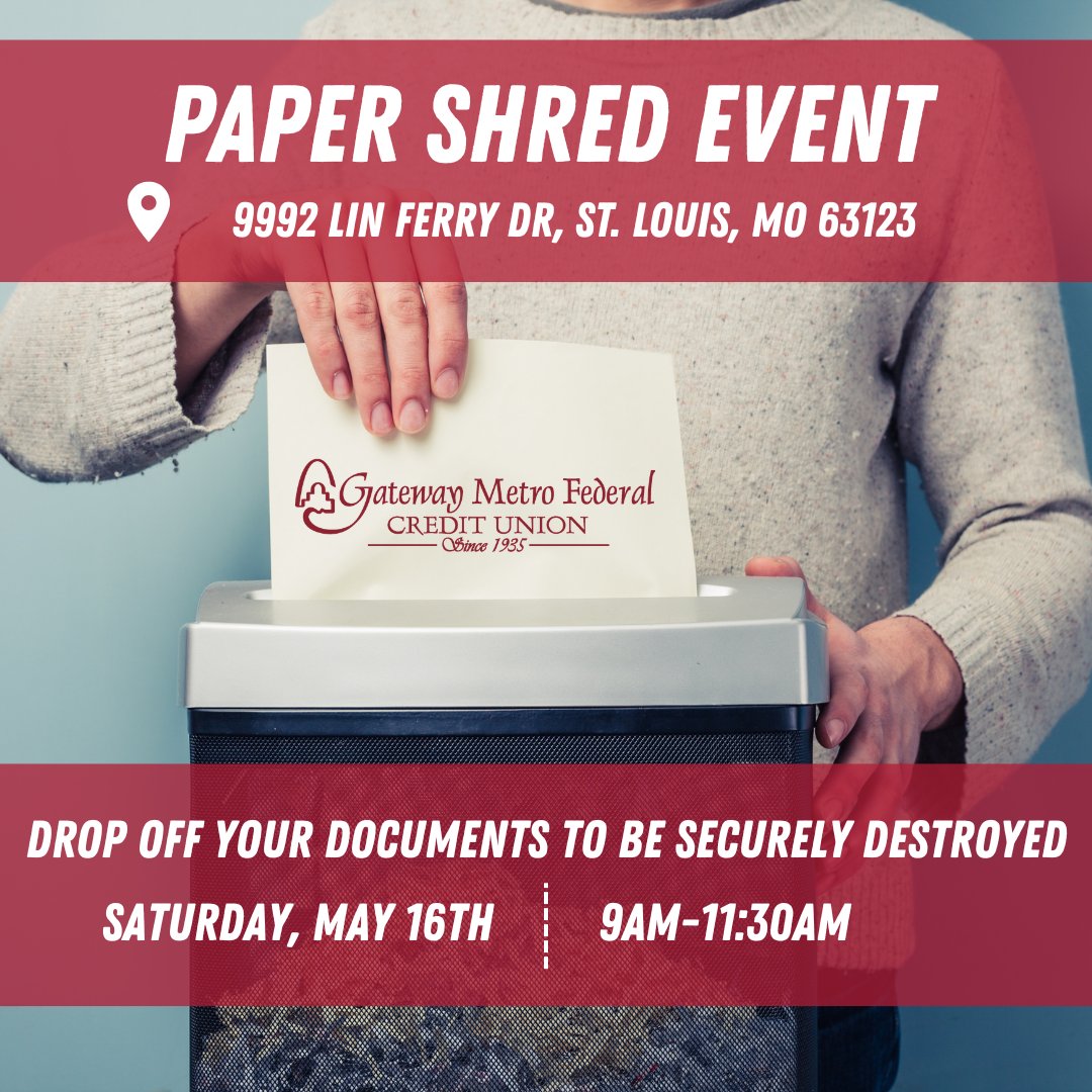 GatewayMetro's tweet photo. 🗂️ South Shred Event! 🗑️✨
Bring your paper-only items and shred securely with us!
📅 May 16th
⏰ 9:00 AM – 11:30 AM
📍 Details &amp; more: https://t.co/aDImFefJlB 
#ShredDay #CommunityEvent #PaperShredding #GMFCU #SpringCleaning https://t.co/ToVvqR1wgl