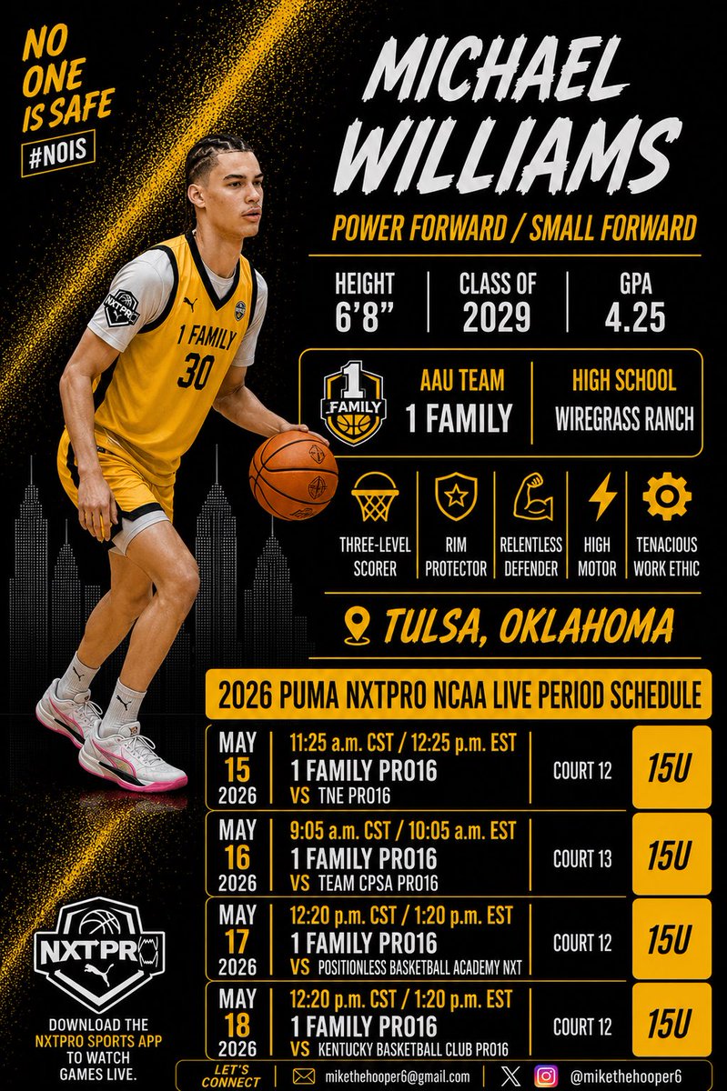 MikeWilliams__4's tweet photo. My schedule for live period this weekend in Tulsa with @1FamilyHoops competing in the @PRO16League https://t.co/rhTJM6det5