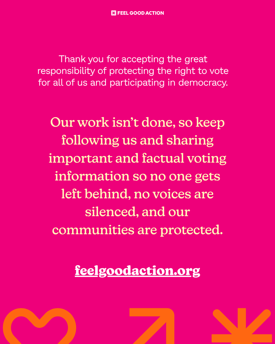 FeelGoodAction's tweet photo. Together, we’ve officially helped drive over 1 million voter actions! 💜

Thank you to every voter, partner, educator, organizer, and supporter who helped make this possible.

Help us get to the next million:
https://t.co/eb10yWOwb8

#FeelGoodAction #VotingRights #Democracy https://t.co/KNqWiFNvUe