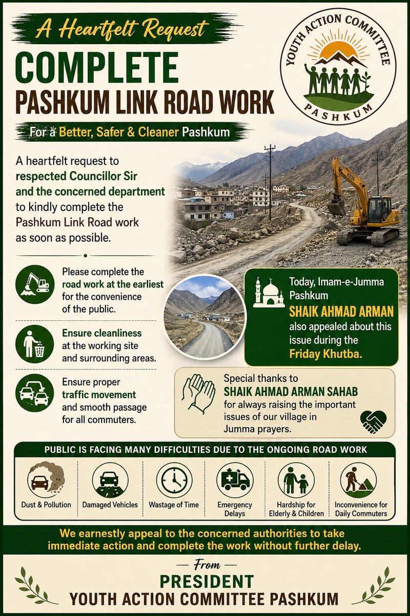 mohdjawed72's tweet photo. Heartfelt request to Councillor Pashkum and Concerned Department to kindly complete the pashkum Link Road work as soon as possible @DIPR_Ladakh @FerozKacho1 @LAHDC_Kgl https://t.co/0jiD6ZA6vt