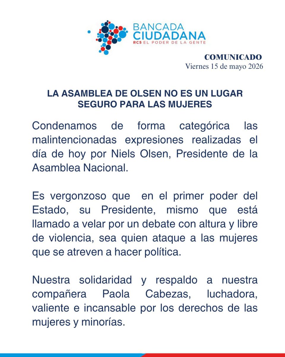 BancadaRC5's tweet photo. @NielsOlsen bloqueó una y otra vez la creación del Grupo Parlamentario por los Derechos de las Mujeres, pese a todos los pedidos y documentación presentada por nuestras compañeras.

Y ahora, para justificar su indecencia, llama “serpiente” a nuestra valiente Asambleísta, @PaolaCabezasC.

Ataca a una mujer fuerte, reconocida por su lucha incansable por las mujeres, el pueblo afroecuatoriano y las minorías.

La Asamblea que dirige Olsen no es un lugar seguro para las MUJERES que se atreven a alzar la voz, la Asamblea de Olsen no es un lugar seguro para NADIE con principios.