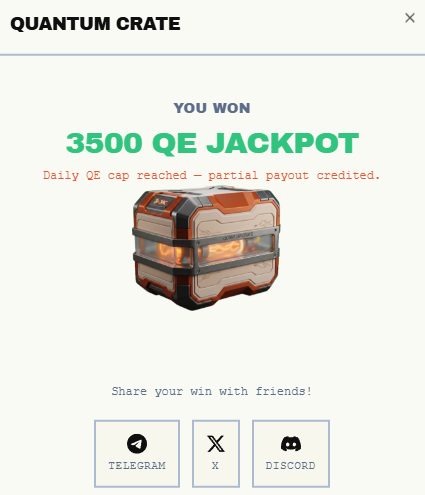 devcon98's tweet photo. I just won 3500 QE JACKPOT from a Quantum Crate on DAC Network! 🎉 https://t.co/mYU4hGe3Hn https://t.co/5RjFbqnGwn