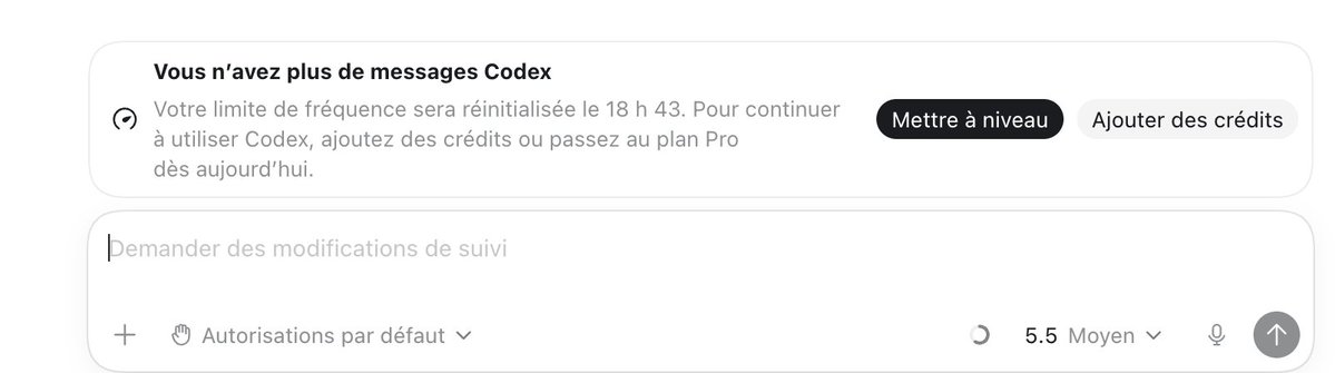 stephmouss's tweet photo. Même pour des petits projets perso très occasionnels, le forfait Plus sur Codex ne suffit plus. J’épuise le quota d’utilisation sur cinq heures au bout d’environ une heure seulement. https://t.co/5AMI2HEwpr
