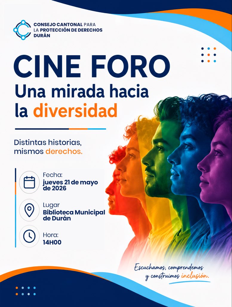 CCPD_DURAN's tweet photo. Te invitamos a ser parte del CINE FORO “Una mirada hacia la diversidad”, un espacio para reflexionar, dialogar y promover inclusión y el respeto a los derechos de todos. 

• Fecha: Jueves 21 de mayo de 2026
• Hora: 14H00
• Lugar: Biblioteca Municipal de Durán https://t.co/sg0C3b4KL9