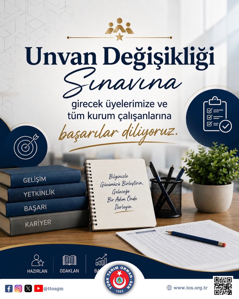 ttosgm's tweet photo. Tarım ve Orman Bakanlığınca sekiz sınav merkezinde eşzamanlı düzenlecek olan Unvan Değişikliği Sınavına girecek üyelerimize ve tüm kurum çalışanlarına başarılar diliyoruz. 

@AhmetDemirciTOS 
Genel Başkan 
Yönetim Kurulu Adına https://t.co/Dek2TOIpr6