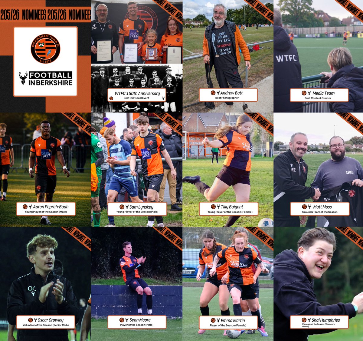 WokinghamTownFC's tweet photo. 𝐌𝐄𝐄𝐓 𝐓𝐇𝐄 𝐍𝐎𝐌𝐈𝐍𝐄𝐄𝐒 | @fiberkshire Awards 2026

We are delighted to have 11 nominees representing WTFC at the Berkshire Football Awards this year. 

Check them out below! ⬇️🍊 https://t.co/AoYTPUV6Hx