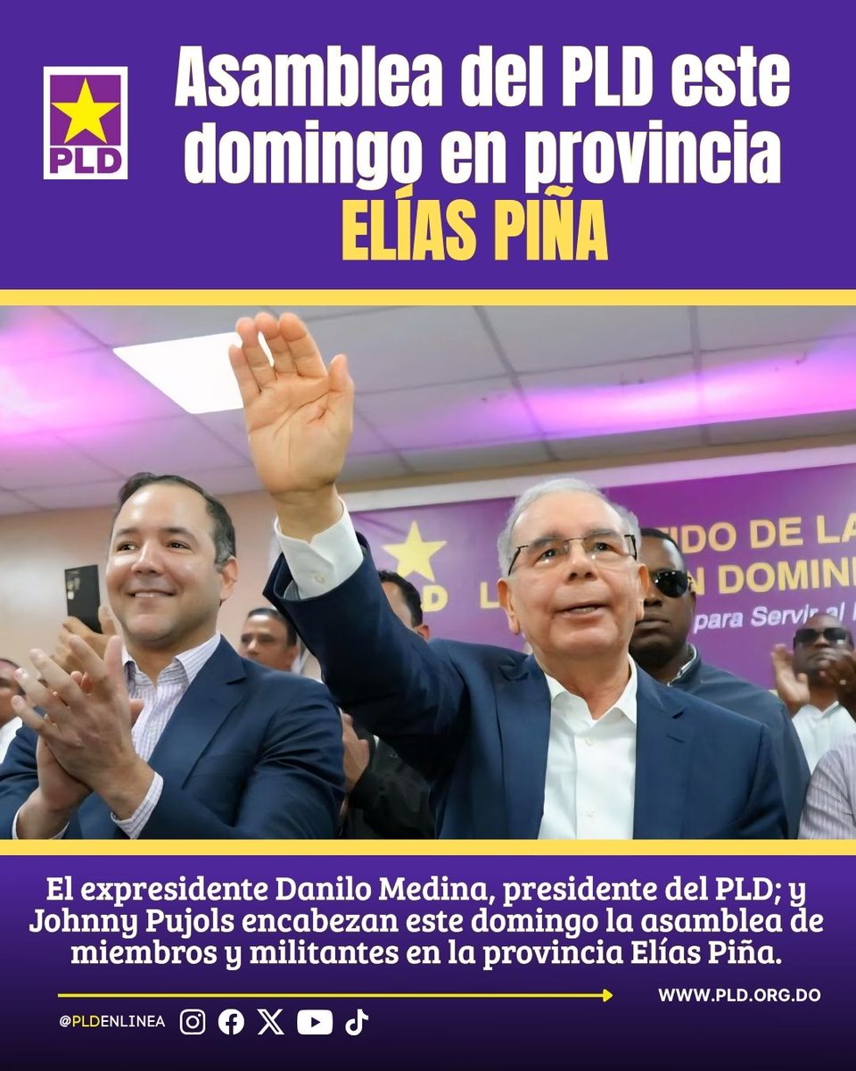 PLDenlinea's tweet photo. #PortadaPrincipalPLD | El expresidente @DaniloMedina, presidente del PLD; y @JohnnyPujols encabezan este domingo la asamblea de miembros y militantes en la Provincia Elías Piña. https://t.co/CzkzjLn1vd