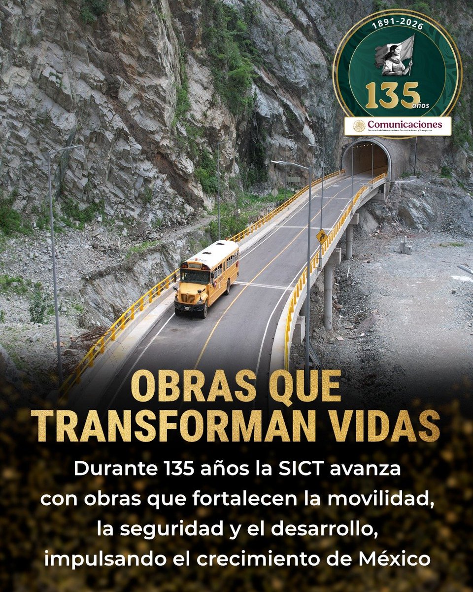 SICT_Durango's tweet photo. 🏗️🚍 Las grandes obras no solo unen caminos, también acercan oportunidades, fortalecen la seguridad y mejoran la movilidad de las personas.

En la SICT seguimos construyendo infraestructura que impulsa el crecimiento y transforma vidas. 🇲🇽✨

#135AñosSICT https://t.co/O0kYaewmr1
