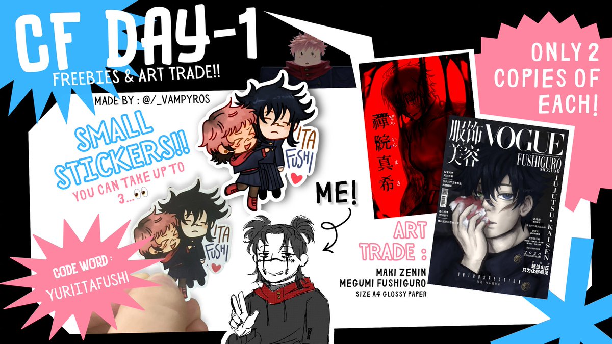 _vampyros's tweet photo. ⋮ ⌗ ┆#CF22 jjk freebies/art trades!! ⋆˚࿔
 hosted by : @_vampyros / @kitae_096 
 •> DAY 1 ONLY!!
 •> See me? tap my shoulder!
 •> Stickers are freebies, but trade is 🆗!
 •> Art prints are trade only..(foods, stickers..
 •> feel free to tag me when you do get them! https://t.co/GdXxifrkPO