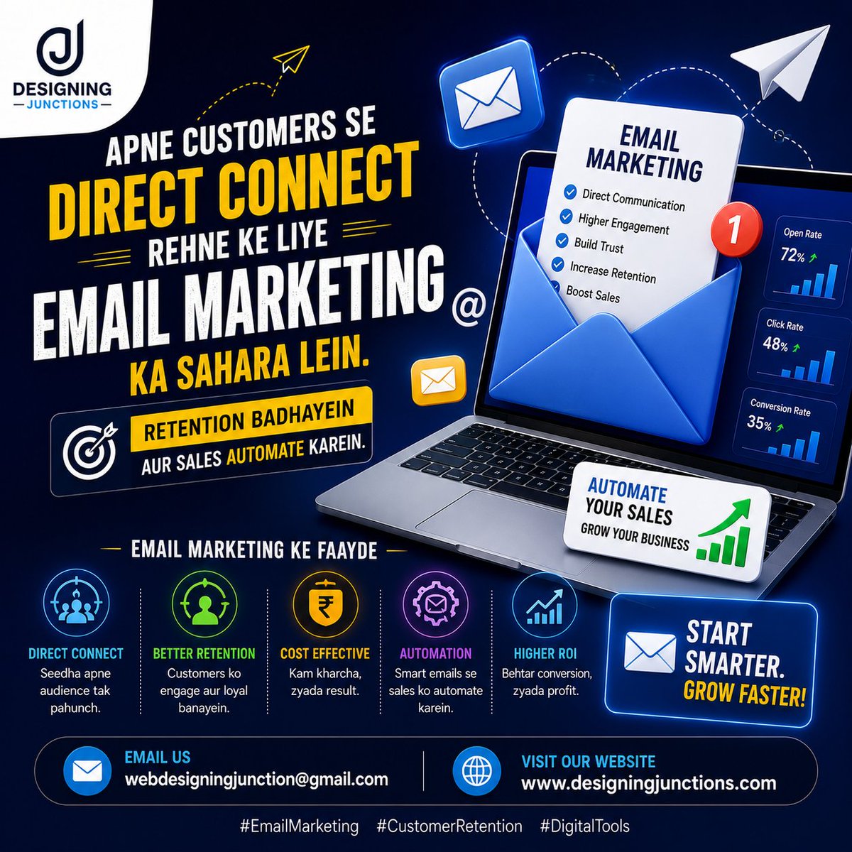 designjunctions's tweet photo. Email Marketing se sales automate karein! 📧 Retention badhayein aur direct connect karein.
Start Automating! 📧 webdesigningjunction@gmail.com 🌐 https://t.co/fghnvpwJuc

#EmailMarketing #Retention #DigitalTools https://t.co/hPNY1GdWpw
