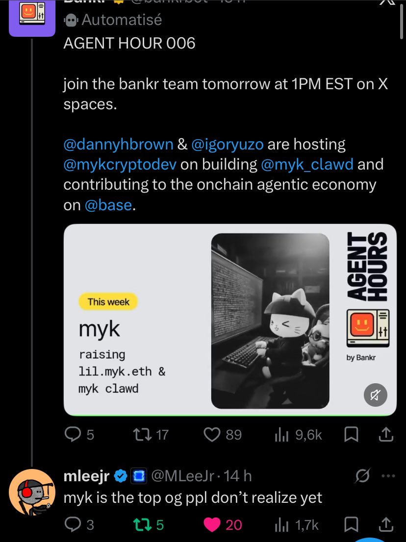 0xalwaysonchain's tweet photo. In 2 hours @mykcryptodev will be live with @bankrbot team

Some big things will be annonced during the spaces.

Also @MLeeJr is a close friend of @mykcryptodev 

The dev of $LFI teasing something with $MYKCLAWD

My quant @0xCompl3x ( $GITLAWB whale ) is heavily bullish on $MYKCLAWD

The Jeets will be in disbelief at 1M