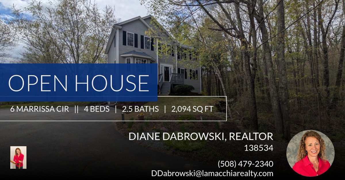 CharltonRealtor's tweet photo. Open house at 6 Marrissa Circle in Chartlon on May 16th at 11:00- 12:30 am.

For fastest response, please email me at DDabrowski@lamacchiarealty.com
Let me know how I can help you and ask me for a free consultation of your... https://t.co/E0ffA36Let https://t.co/usZn8KqdQd