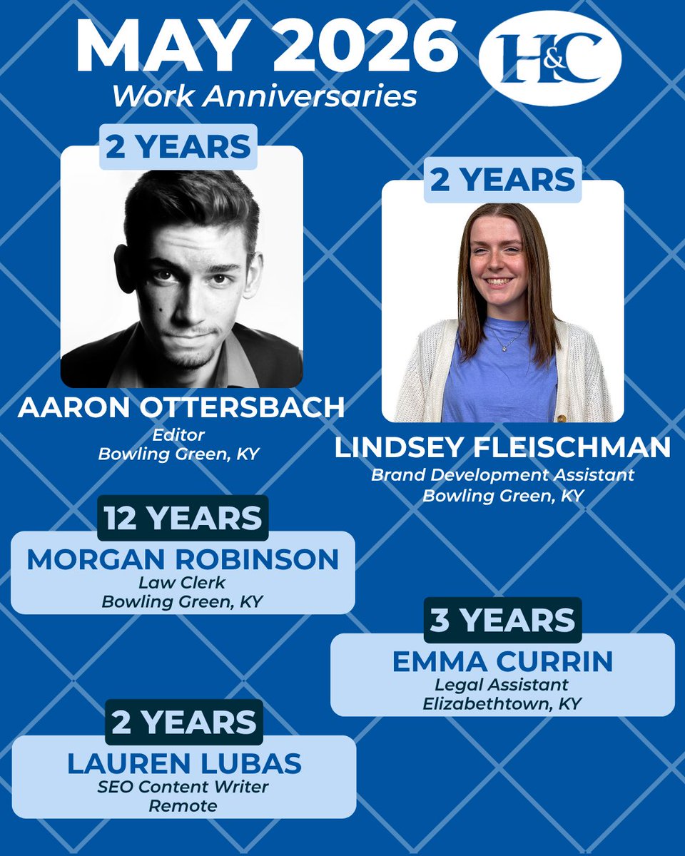 HughesColeman's tweet photo. Join us in celebrating our team members with May work anniversaries! 🎉 We are incredibly grateful for the hard work our team puts in each day for our clients - keep up the great work, team!

#lawfirm #Kentucky #Tennessee #teamwork #teamcelebration #workanniversary #milestones https://t.co/OuP0b2uaHa