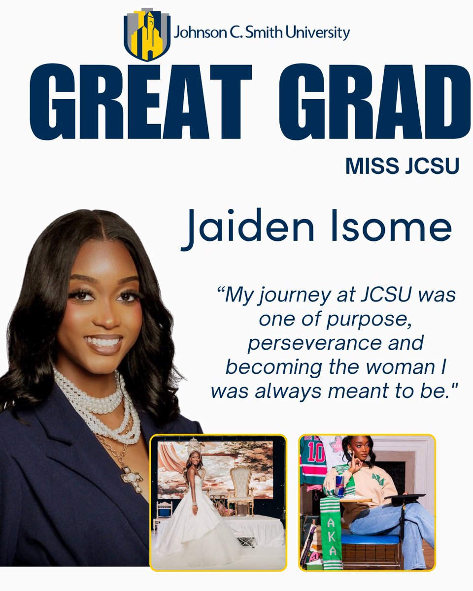 JCSUniversity's tweet photo. Jaiden Isome — the 99th Miss Johnson C. Smith University — leaves JCSU as a biology graduate, AKA soror, and future prenatal genetic counselor with a mission to advocate for maternal and infant health. 🐂✨

📖 Read her full Great Grad story — https://t.co/786rDIqJhd https://t.co/iBUButgPag