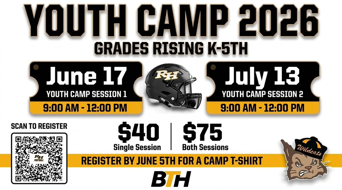 RHHSFootball's tweet photo. Join us this summer for the Richmond Hill Football Youth Camp open to rising K–5th graders! Athletes will learn fundamentals, compete, and have FUN with our coaches and players while experiencing the Wildcat way.
Register➡️https://t.co/AZuK0CtbyB
#BTH #FutureCats https://t.co/nogZMhTlH6